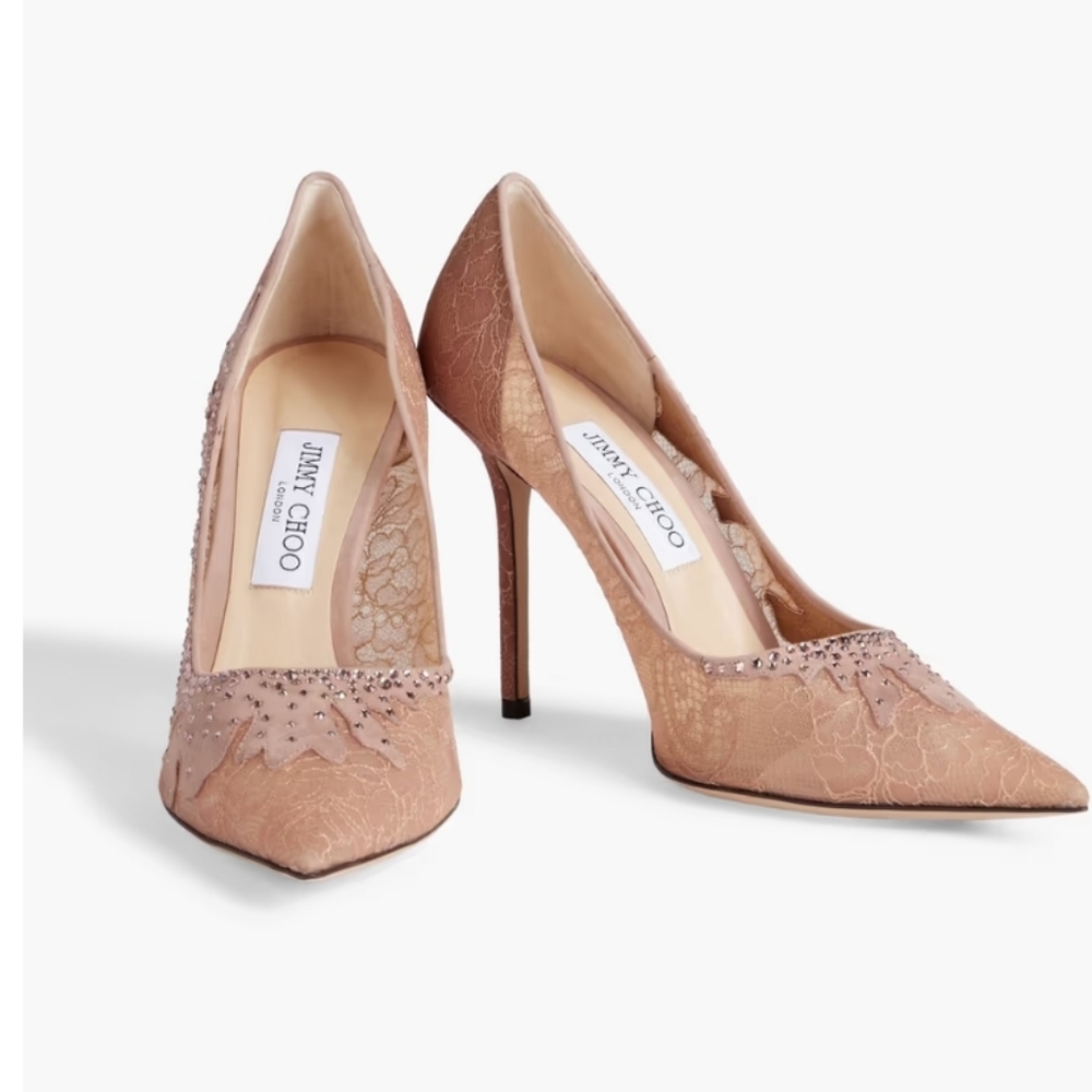 JIMMY CHOO Love 100 crystal-embellished suede and corded lace pumps